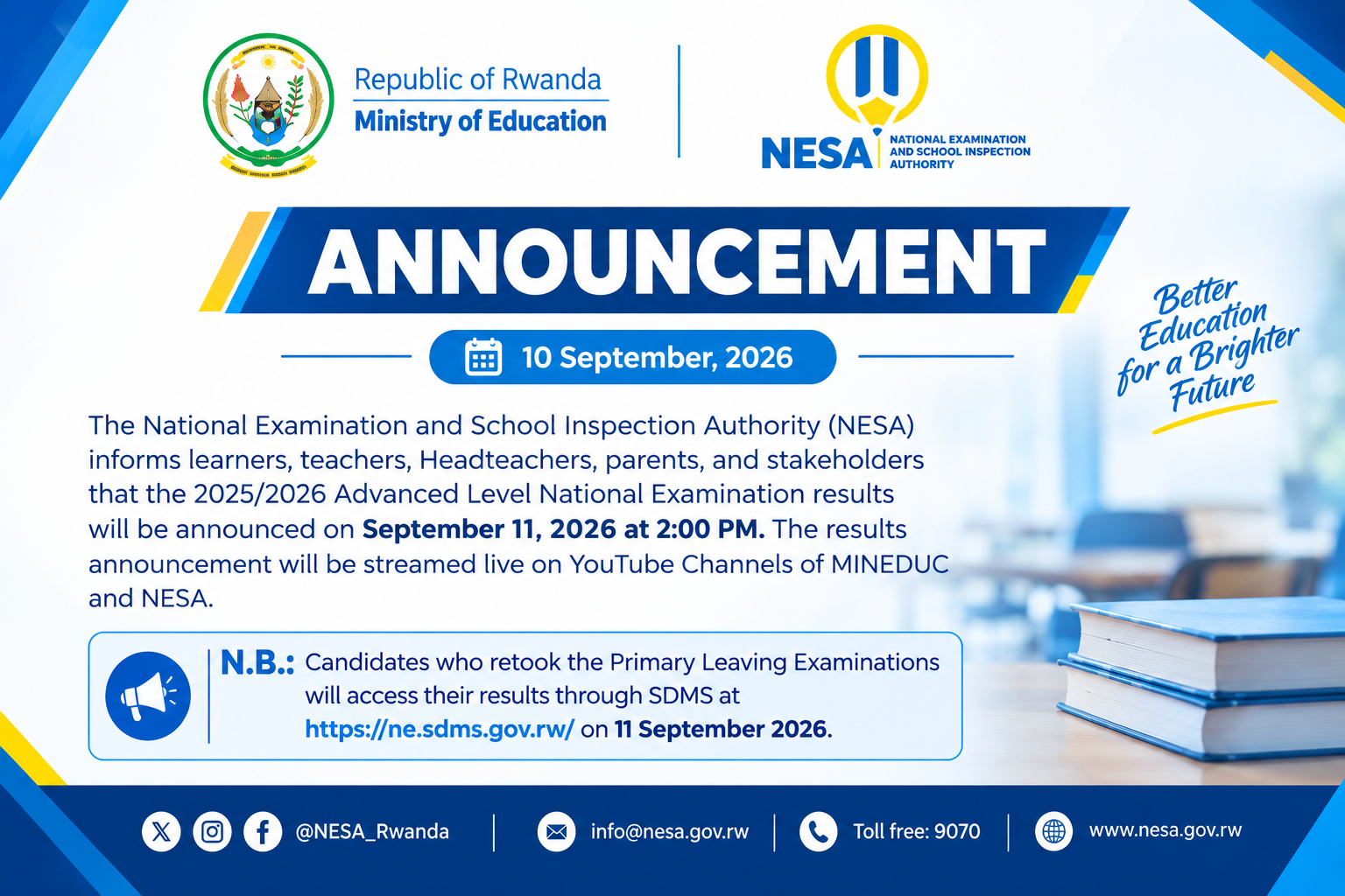 NESA to Release 2025/2026 Exam Results Sept 11, 2026