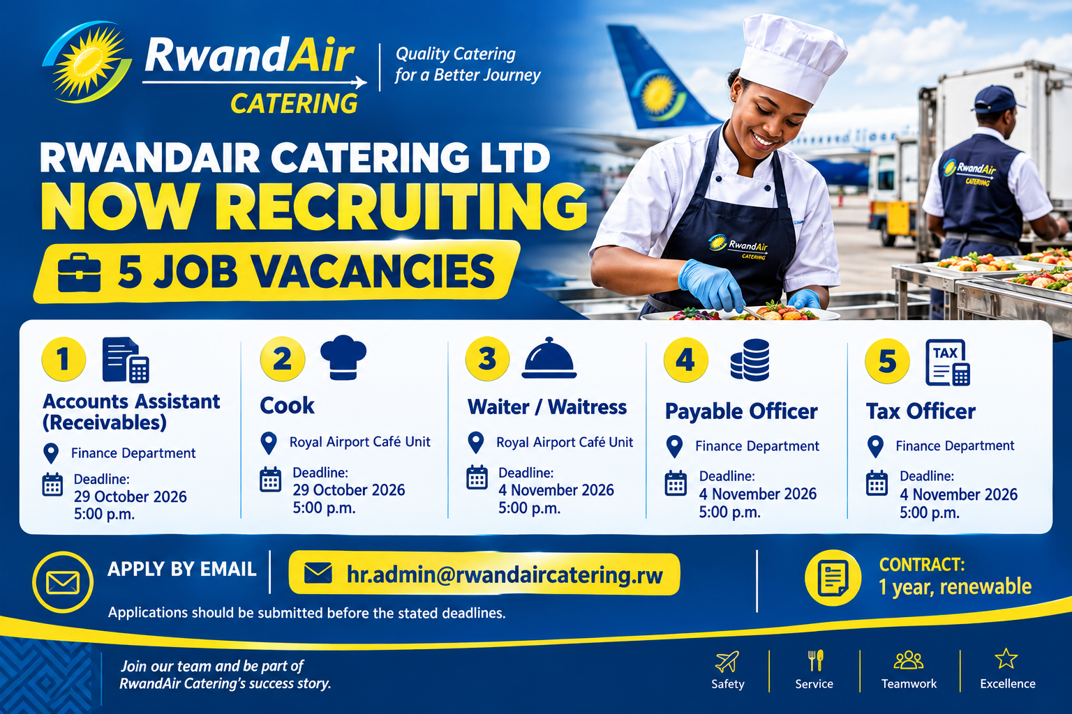 RwandAir Catering Ltd is hiring an Accounts Assistant, Cook, Waiter/Waitress, Payable Officer and Tax Officer in Kigali. See requirements, PDF adverts and how to apply before 29 Oct and 4 Nov 2026.
