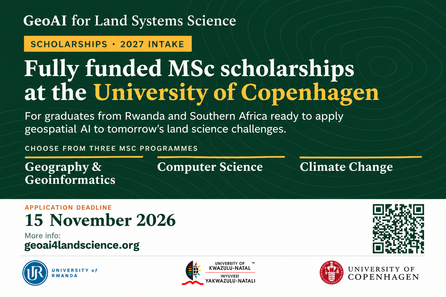 GeoAI for Land Systems Science fully funded MSc scholarships at the University of Copenhagen, 2027 intake